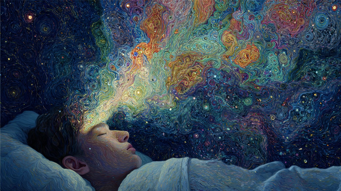 Osoba spava dok se iznad glave prikazuje apstraktan tok boja