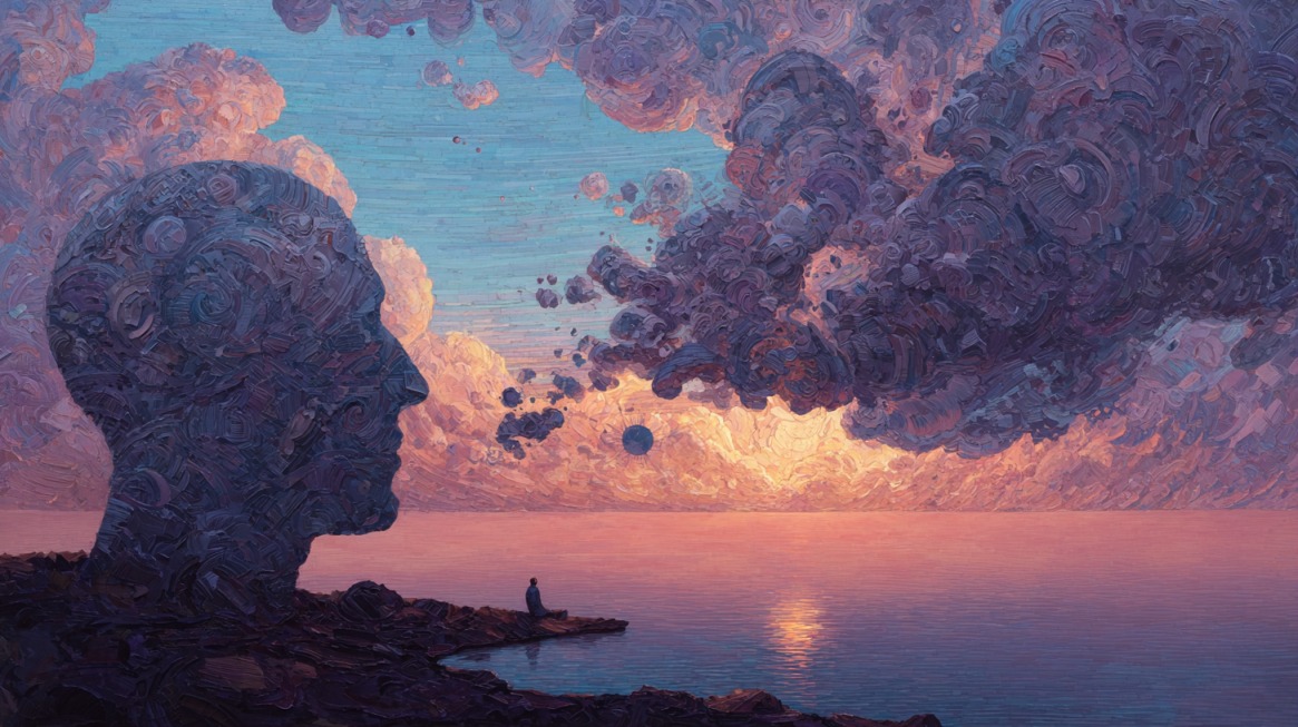 Apstraktni pejzaž sa siluetom glave i mirnim morem u suton