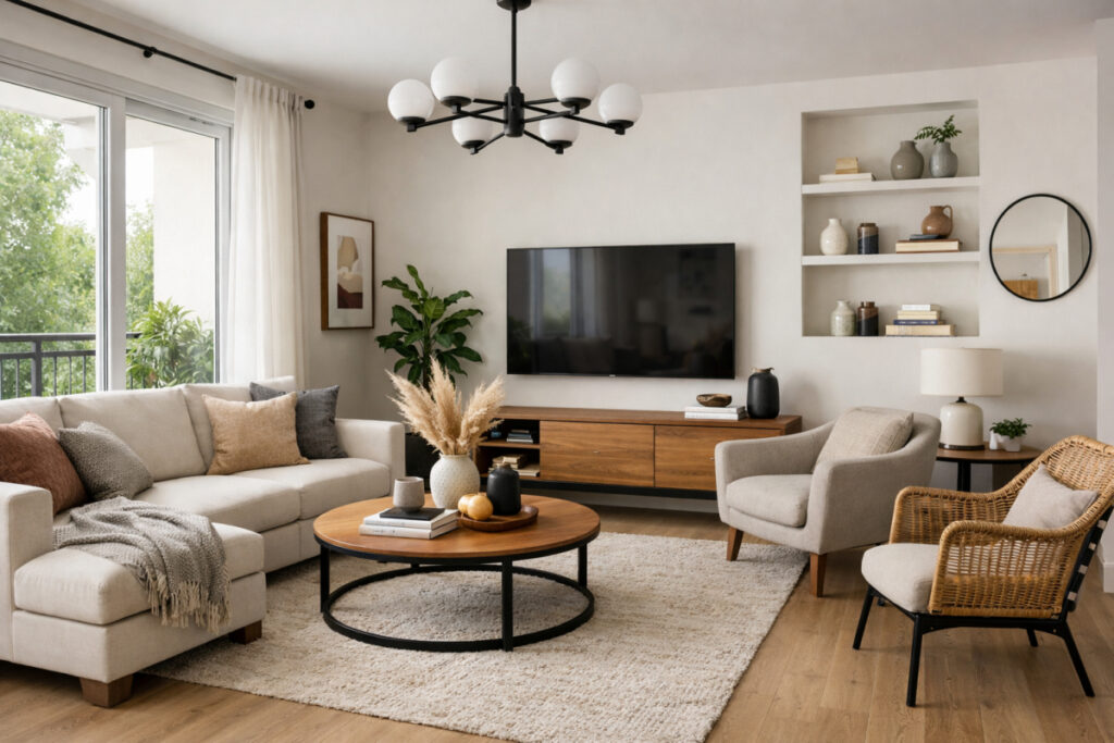 Uređen dnevni boravak sa ugaonom sofom u svetlim tonovima, drvenim nameštajem, TV zidom i prirodnim osvetljenjem