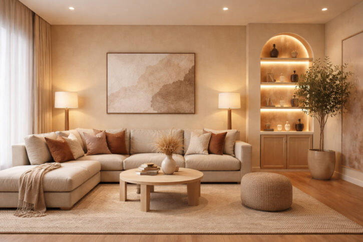 Veliki moderno uređen dnevni boravak sa zidovima u toplim bež tonovima, nameštajem u toplom spektru i rasvetom sa toplim belim svetlom srednje jačine