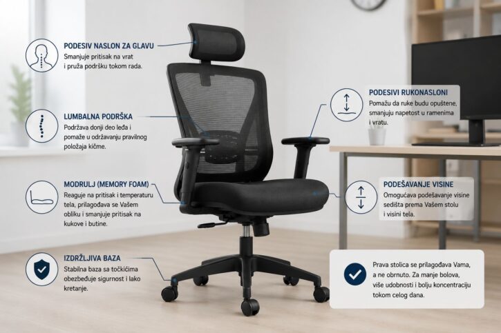 Ergonomska kancelarijska stolica sa podesivim naslonom, rukonaslonima i podrškom za donji deo leđa.