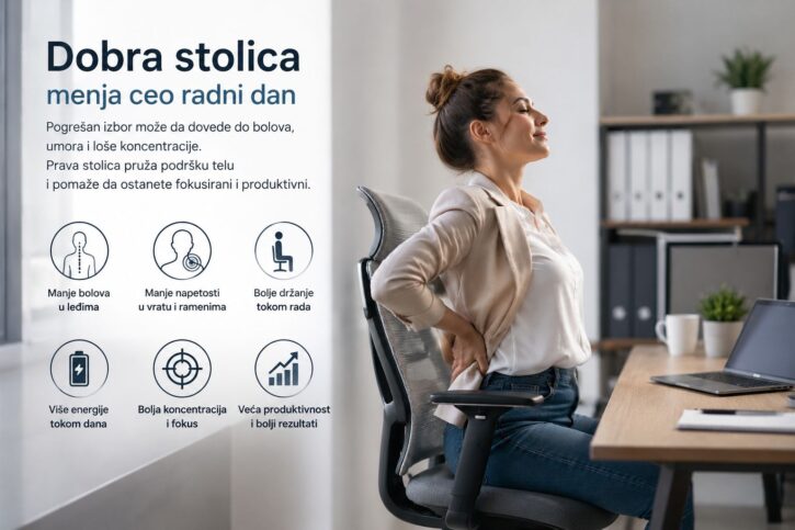 Žena sedi u kancelarijskoj stolici za radnim stolom, uz prikaz prednosti pravilnog izbora stolice.