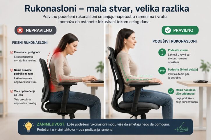 Poređenje pravilno i nepravilno podešenih rukonaslona na kancelarijskoj stolici.