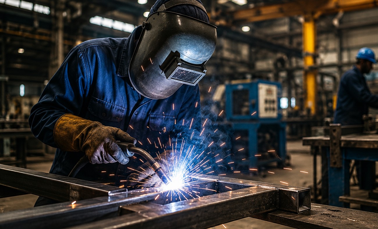 Varioc u zaštitnoj opremi vari metalnu konstrukciju u industrijskom pogonu, dok se u pozadini vide mašine i drugi radnik.